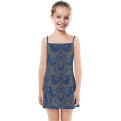 Navy Blue And Gold Swirls Kids  Summer Sun Dress by SpinnyChairDesigns