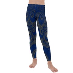 Navy Blue And Gold Swirls Kids  Lightweight Velour Leggings by SpinnyChairDesigns