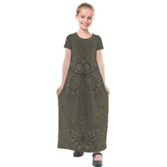 Rustic Green Brown Swirls Kids  Short Sleeve Maxi Dress by SpinnyChairDesigns