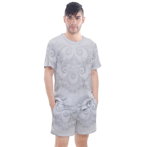 Wedding White Swirls Spirals Men s Mesh Tee And Shorts Set by SpinnyChairDesigns