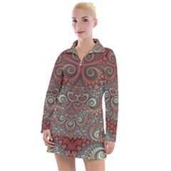 Red And White Color Swirls Women s Long Sleeve Casual Dress by SpinnyChairDesigns