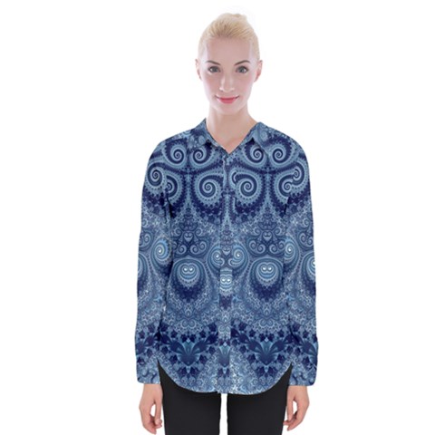 Royal Blue Swirls Womens Long Sleeve Shirt by SpinnyChairDesigns