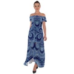 Royal Blue Swirls Off Shoulder Open Front Chiffon Dress by SpinnyChairDesigns