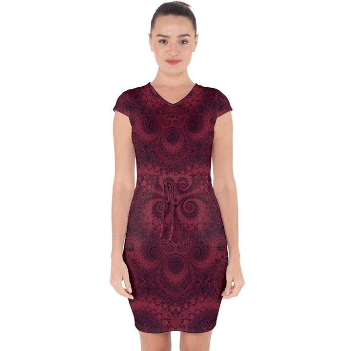 Burgundy Wine Swirls Capsleeve Drawstring Dress 