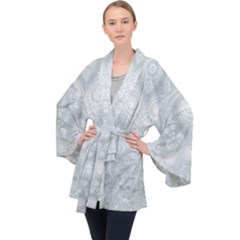 Ash Grey White Swirls Long Sleeve Velvet Kimono  by SpinnyChairDesigns
