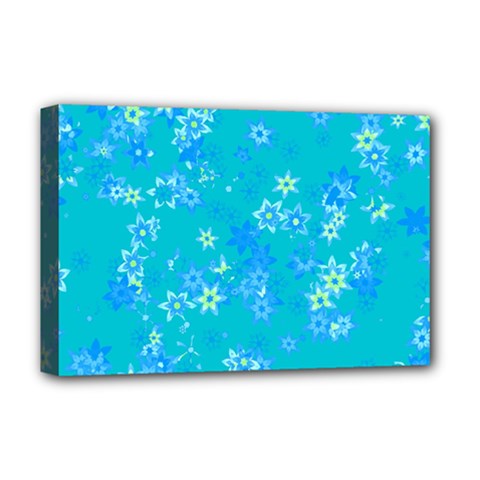 Aqua Blue Floral Print Deluxe Canvas 18  X 12  (stretched) by SpinnyChairDesigns