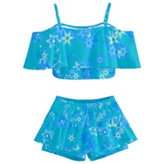 Aqua Blue Floral Print Kids  Off Shoulder Skirt Bikini by SpinnyChairDesigns