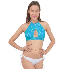 Aqua Blue Floral Print Cross Front Halter Bikini Top by SpinnyChairDesigns