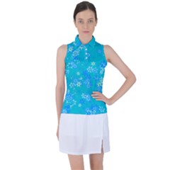 Aqua Blue Floral Print Women s Sleeveless Polo Tee by SpinnyChairDesigns