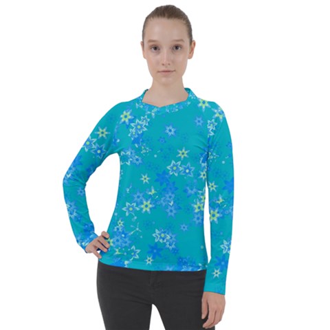 Aqua Blue Floral Print Women s Pique Long Sleeve Tee by SpinnyChairDesigns