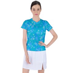 Aqua Blue Floral Print Women s Sports Top by SpinnyChairDesigns