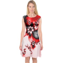 Abstract Red Black Floral Print Capsleeve Midi Dress by SpinnyChairDesigns