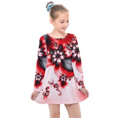 Abstract Red Black Floral Print Kids  Long Sleeve Dress by SpinnyChairDesigns