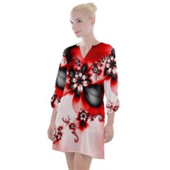 Abstract Red Black Floral Print Open Neck Shift Dress by SpinnyChairDesigns