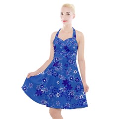 Cornflower Blue Floral Print Halter Party Swing Dress  by SpinnyChairDesigns