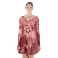 Coral Pink Floral Print Long Sleeve Velvet V-neck Dress by SpinnyChairDesigns