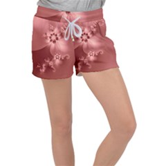 Coral Pink Floral Print Velour Lounge Shorts by SpinnyChairDesigns