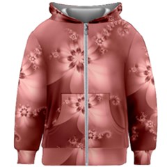 Coral Pink Floral Print Kids  Zipper Hoodie Without Drawstring by SpinnyChairDesigns