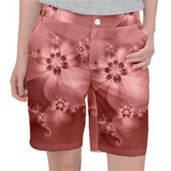 Coral Pink Floral Print Pocket Shorts by SpinnyChairDesigns