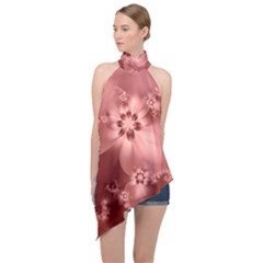 Coral Pink Floral Print Halter Asymmetric Satin Top by SpinnyChairDesigns