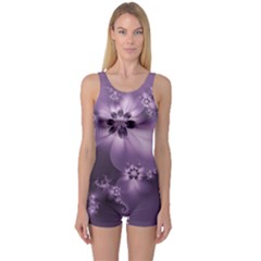 Royal Purple Floral Print One Piece Boyleg Swimsuit by SpinnyChairDesigns