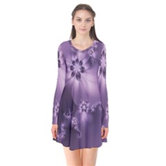 Royal Purple Floral Print Long Sleeve V-neck Flare Dress by SpinnyChairDesigns