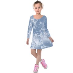 Faded Blue White Floral Print Kids  Long Sleeve Velvet Dress by SpinnyChairDesigns