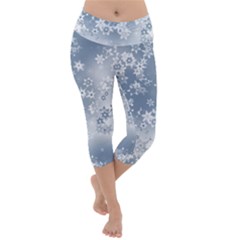 Faded Blue White Floral Print Lightweight Velour Capri Yoga Leggings by SpinnyChairDesigns