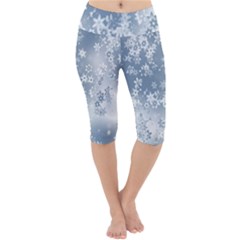 Faded Blue White Floral Print Lightweight Velour Cropped Yoga Leggings by SpinnyChairDesigns