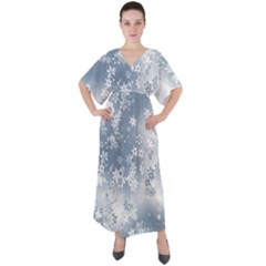 Faded Blue White Floral Print V-neck Boho Style Maxi Dress by SpinnyChairDesigns