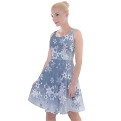 Faded Blue White Floral Print Knee Length Skater Dress by SpinnyChairDesigns