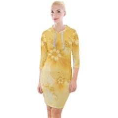 Saffron Yellow Floral Print Quarter Sleeve Hood Bodycon Dress by SpinnyChairDesigns