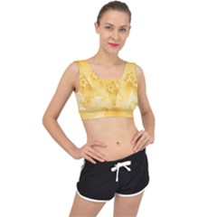 Saffron Yellow Floral Print V-back Sports Bra by SpinnyChairDesigns