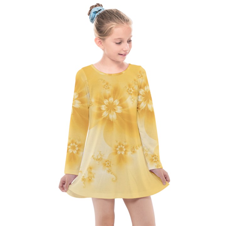 Saffron Yellow Floral Print Kids  Long Sleeve Dress