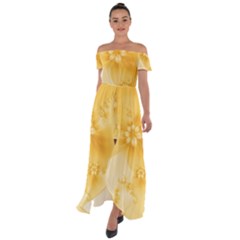 Saffron Yellow Floral Print Off Shoulder Open Front Chiffon Dress by SpinnyChairDesigns