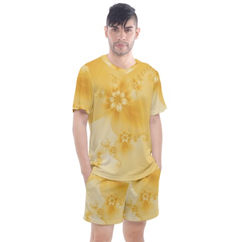 Saffron Yellow Floral Print Men s Mesh Tee And Shorts Set by SpinnyChairDesigns