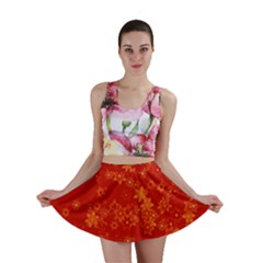 Orange Red Floral Print Mini Skirt by SpinnyChairDesigns
