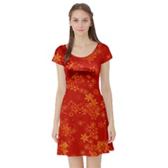 Orange Red Floral Print Short Sleeve Skater Dress by SpinnyChairDesigns