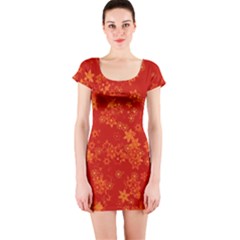 Orange Red Floral Print Short Sleeve Bodycon Dress by SpinnyChairDesigns