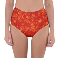 Orange Red Floral Print Reversible High-waist Bikini Bottoms by SpinnyChairDesigns