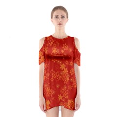 Orange Red Floral Print Shoulder Cutout One Piece Dress by SpinnyChairDesigns