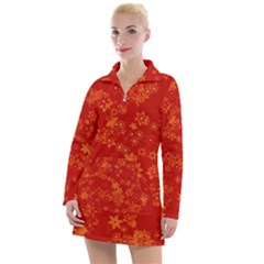 Orange Red Floral Print Women s Long Sleeve Casual Dress by SpinnyChairDesigns