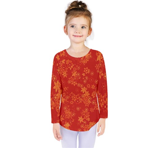 Orange Red Floral Print Kids  Long Sleeve Tee by SpinnyChairDesigns