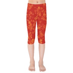 Orange Red Floral Print Kids  Capri Leggings  by SpinnyChairDesigns