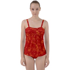 Orange Red Floral Print Twist Front Tankini Set by SpinnyChairDesigns