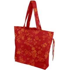 Orange Red Floral Print Drawstring Tote Bag by SpinnyChairDesigns