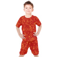 Orange Red Floral Print Kids  Tee And Shorts Set by SpinnyChairDesigns