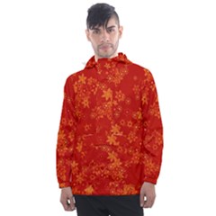 Orange Red Floral Print Men s Front Pocket Pullover Windbreaker by SpinnyChairDesigns