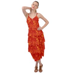 Orange Red Floral Print Layered Bottom Dress by SpinnyChairDesigns