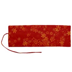 Orange Red Floral Print Roll Up Canvas Pencil Holder (m) by SpinnyChairDesigns